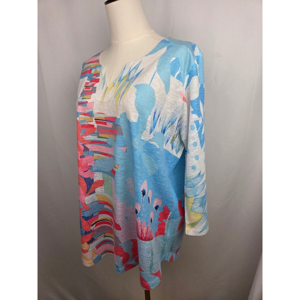 Atelier 5 Tunic XL Blue Pink Abstract Art Split Neck 3/4 Sleeve Top Coastal Boho - Picture 2 of 7
